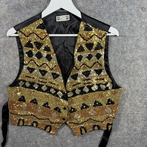 Chantik Unisex One Size Vintage Sequin Vest‎ Animal Print Orange Black Gold